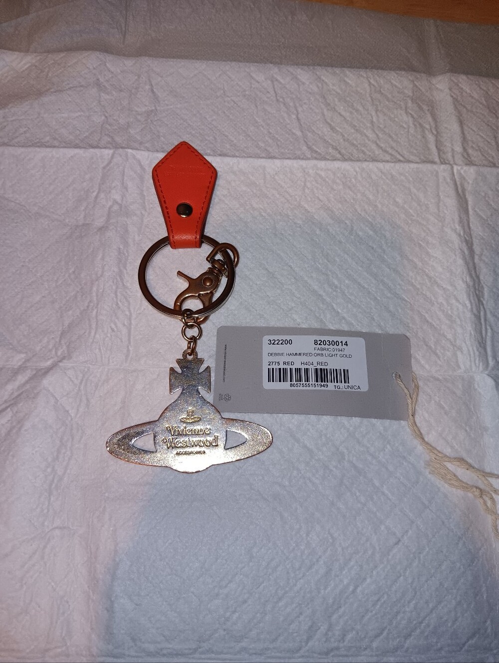 Vivienne Westwood orange leather keychain with Hammered Gold Orb